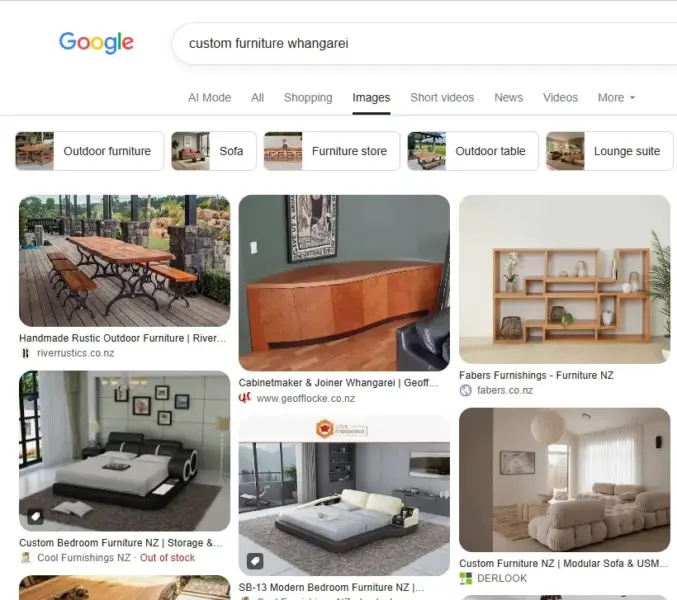 Google Images search results for "custom furniture Whangarei" showing a local cabinetmaker's work appearing alongside other furniture suppliers.