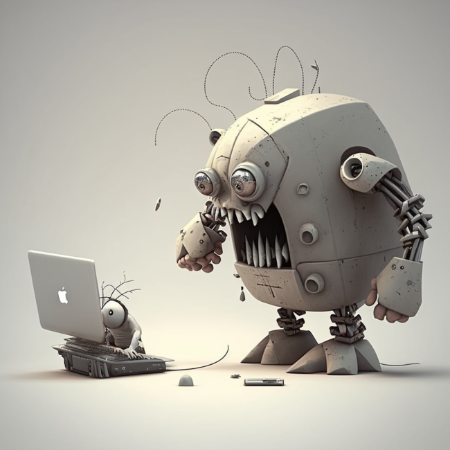 Little monster hacking a computer while a frustrated robot watches