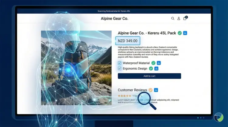 Website product page being scanned and analyzed by AI agent overlay with data extraction highlights