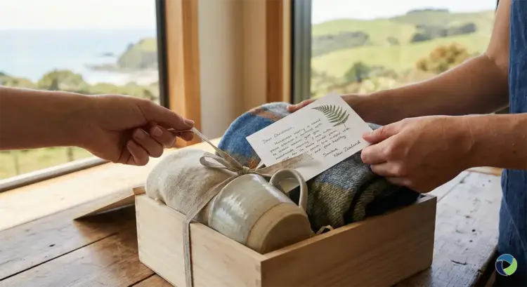 Artisan presenting handmade New Zealand gift box with handwritten note, pottery and textiles to customer against rural landscape