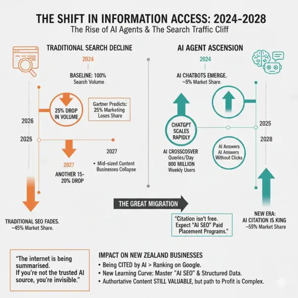 Infographic showing traditional search declining 25% by 2026 while AI agents rise to 55% market share by 2028