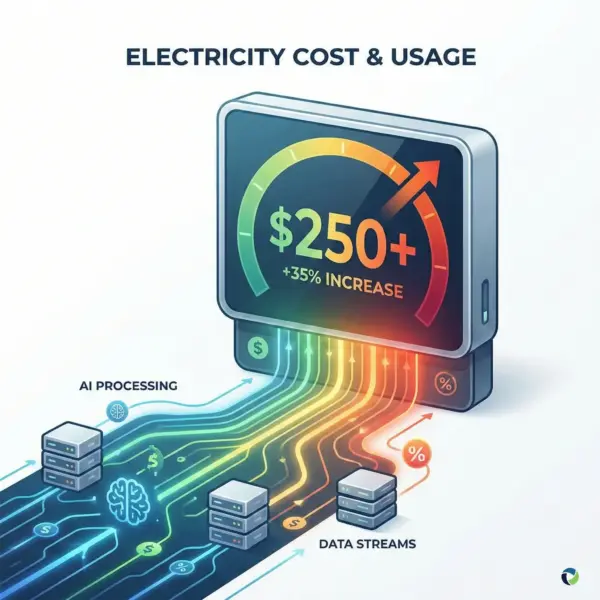 Infographic showing electricity meter rapidly climbing with AI server icons and data streams driving costs from green to red zones