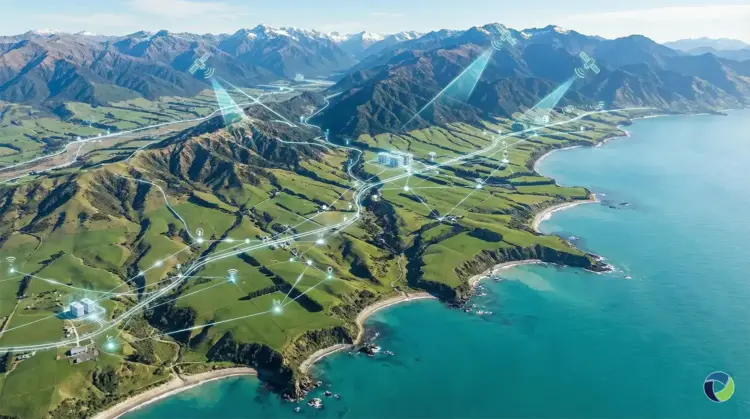 Aerial view of New Zealand landscape with digital connectivity network overlay showing satellite signals and data nodes across green hills and coastline