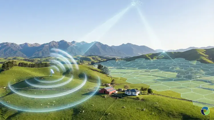 New Zealand rural landscape with rolling green hills and mountains showing satellite and mobile connectivity signals overlay