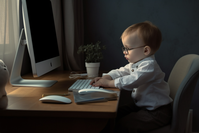 A toddler sat at a desk working on an online advertising campaign