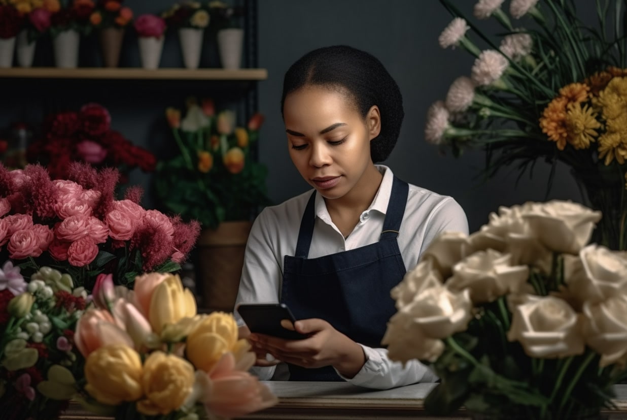 Florist at work checking her website rankings