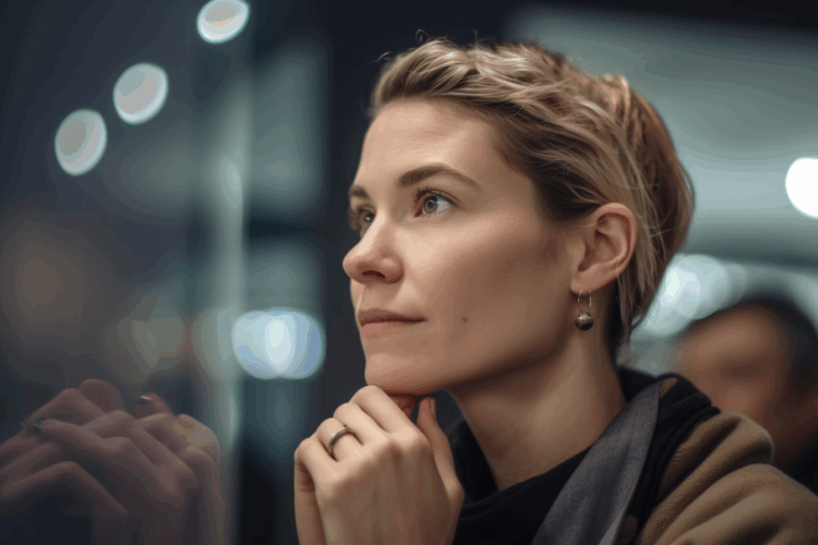 Thoughtful woman looking through glass, representing focus on website visitor behaviour and lead conversion strategy.