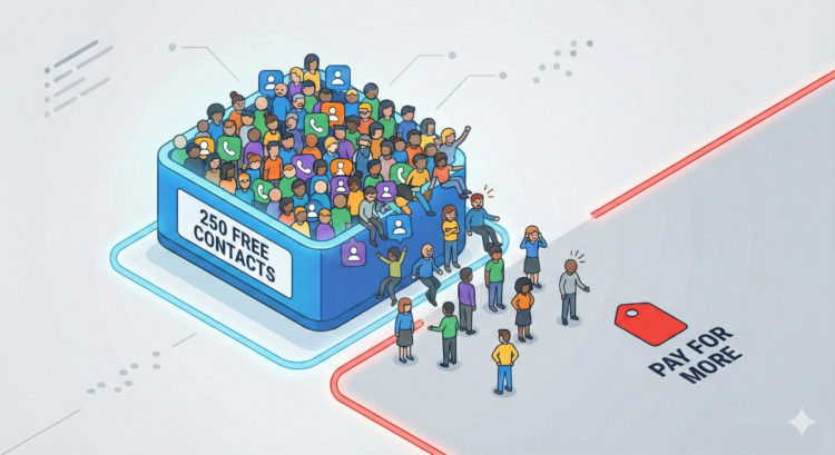 Illustration showing email contacts overflowing a container marked 250, representing Mailchimp's new free plan contact limit