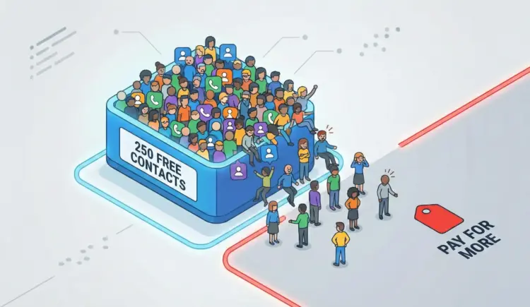 Illustration showing email contacts overflowing a container marked 250, representing Mailchimp's new free plan contact limit