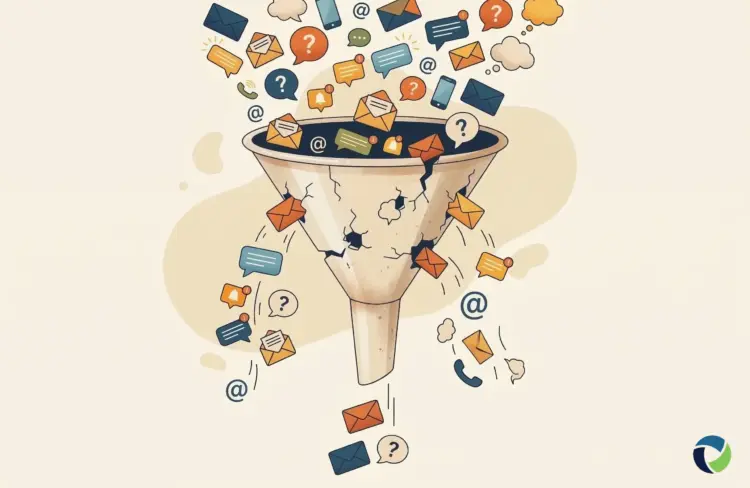 A cracked funnel overflowing with enquiry icons including envelopes, speech bubbles, question marks and @ symbols, with messages leaking out through the cracks before reaching the bottom, illustrating how a basic contact form loses leads.