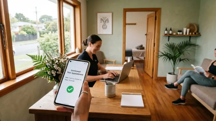 A customer holds a smartphone showing a confirmed appointment booking screen inside a small NZ wellness clinic, with a practitioner working at a reception desk in the background