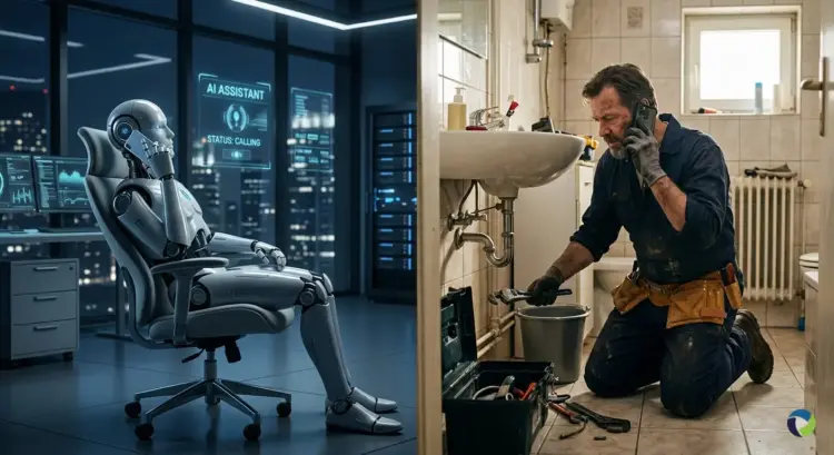 An AI assistant robot calling a plumber, who answers while working under a bathroom sink.