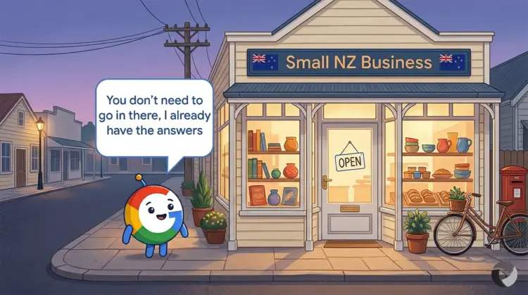 A cartoon Google mascot standing outside a small NZ business shop saying "You don't need to go in there, I already have the answers