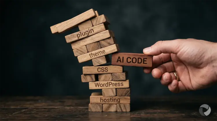 AI-generated code destabilising a WordPress website stack, represented as a Jenga tower with blocks labelled hosting, WordPress, CSS, theme, and plugin