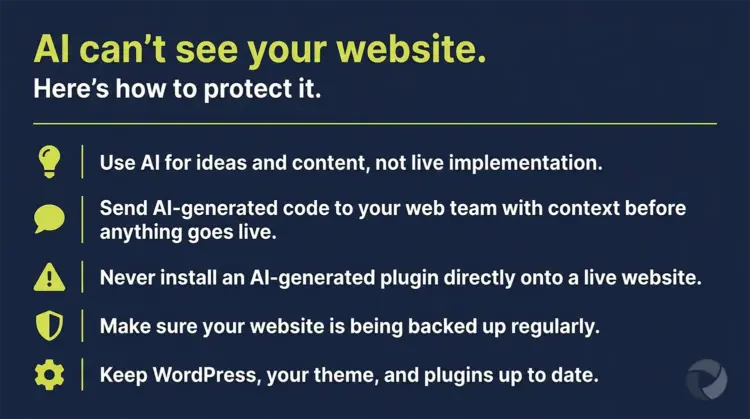 Five tips for protecting your website when using AI, including keeping WordPress and plugins up to date