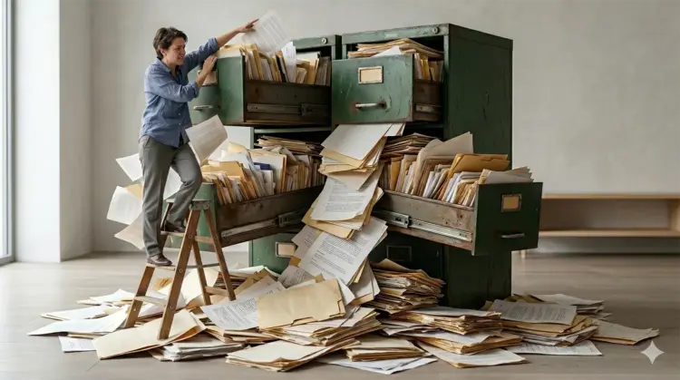 Person on a stepladder struggling to manage an overflowing filing cabinet with papers and documents spilling onto the floor