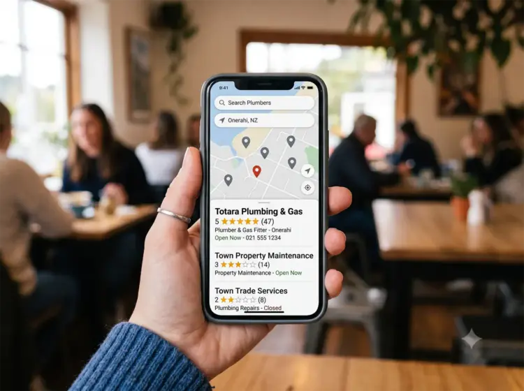 A smartphone showing a Google Maps local search result with Totara Plumbing and Gas at five stars and 47 reviews ranking above competitors with fewer reviews