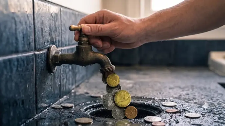 A hand turning off a brass tap with New Zealand coins falling into a drain, representing wasted marketing budget