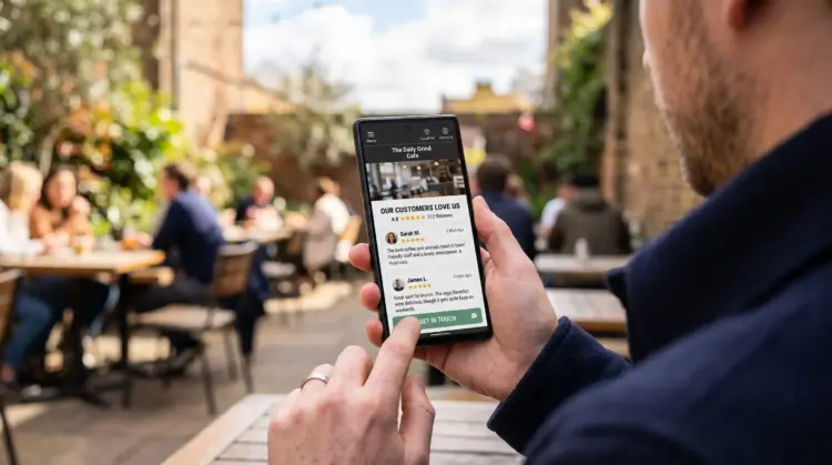 Man checking customer reviews on a cafe website on his phone while deciding whether to visit