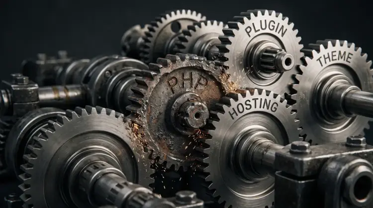 Four metal gears labelled plugin, theme, hosting and PHP meshing together, with the rusted PHP gear throwing sparks as it grinds against the others